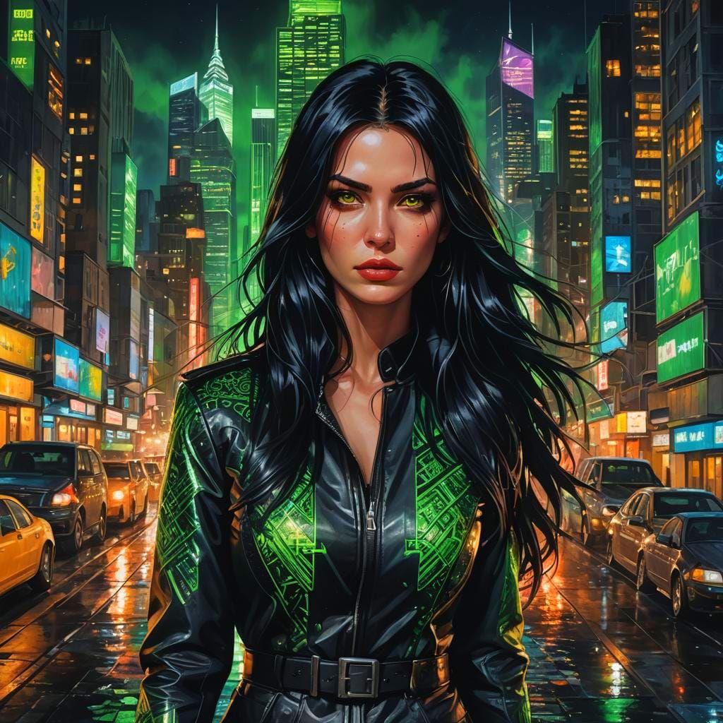 Realistic Woman with Black Hair in Cityscape