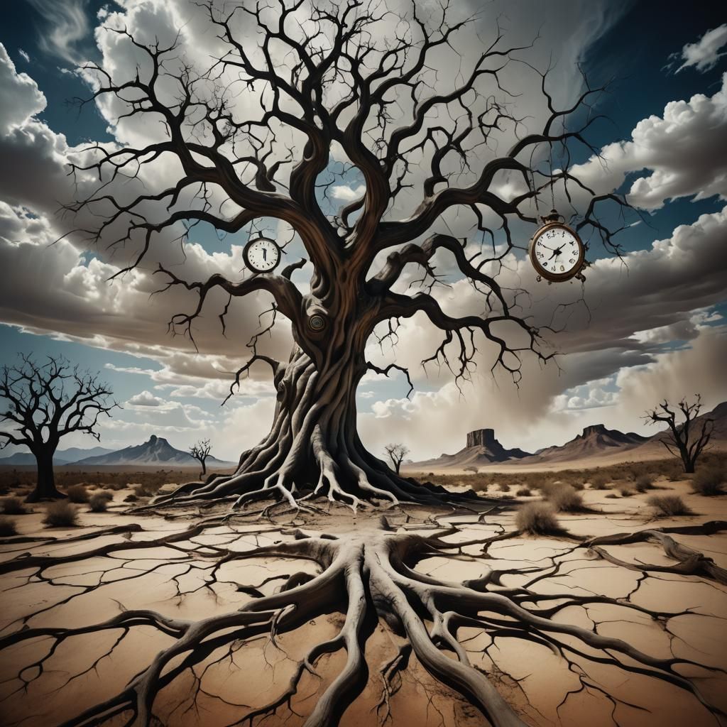 Surreal Desert Landscape with Melting Clocks, Dreamlike Art