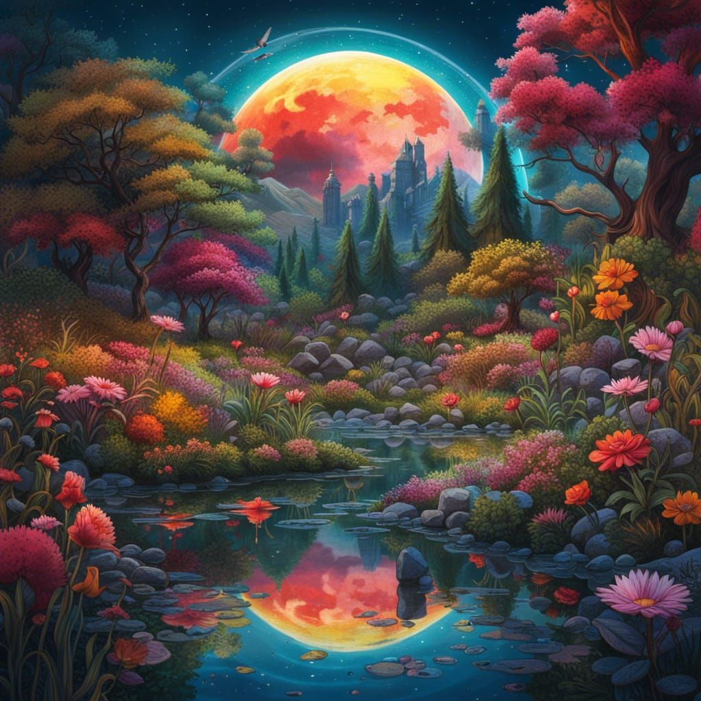 Lunar Eclipse over Wildflower Garden in Fantasycore Style