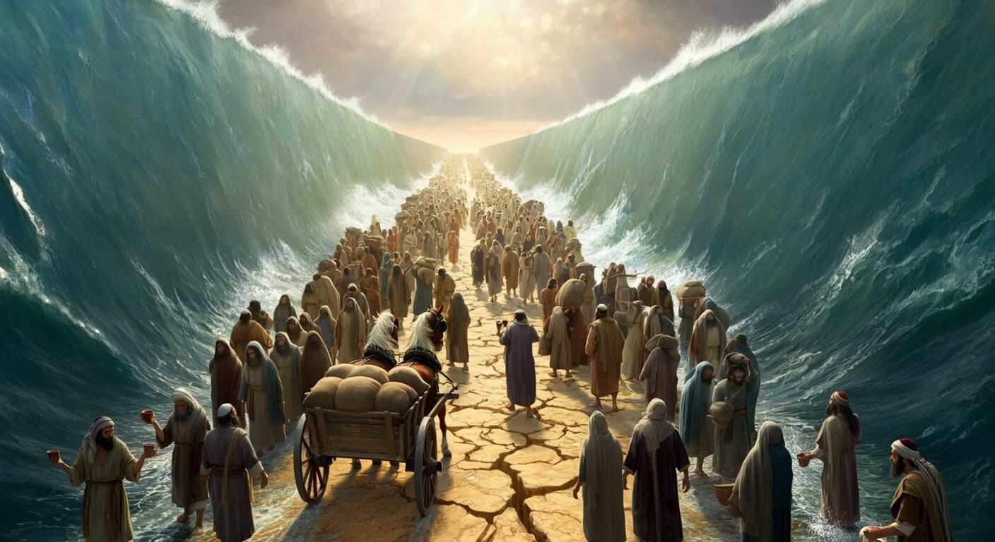 Jewish People Walk Through Miraculous Sea Crossing in Ancien...
