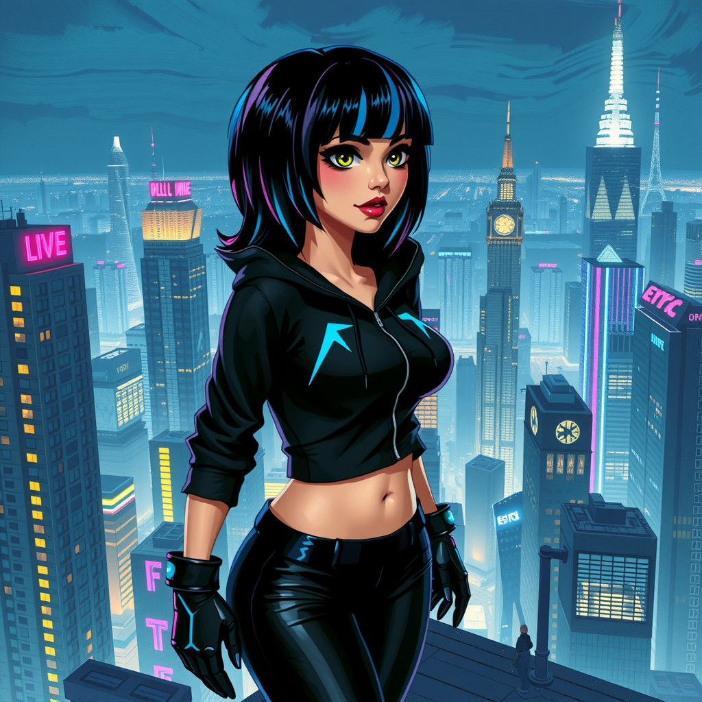 Lucy in Retro-Futuristic 80s Sci-Fi Cityscape