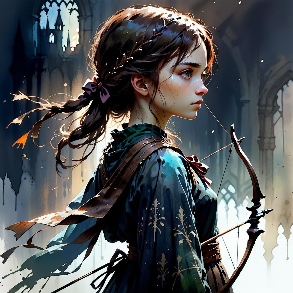 Medieval Archer Girl Illustration in Watercolor Style