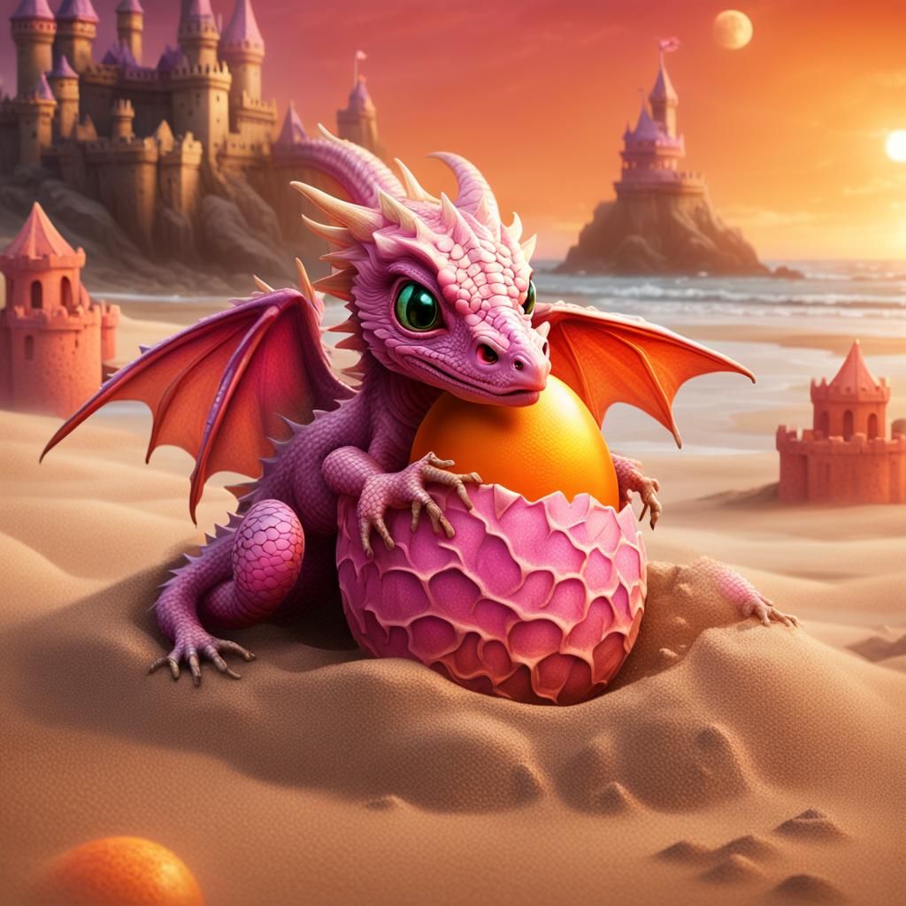 Pink Baby Dragon Hatching on Beach, Fantasy Art