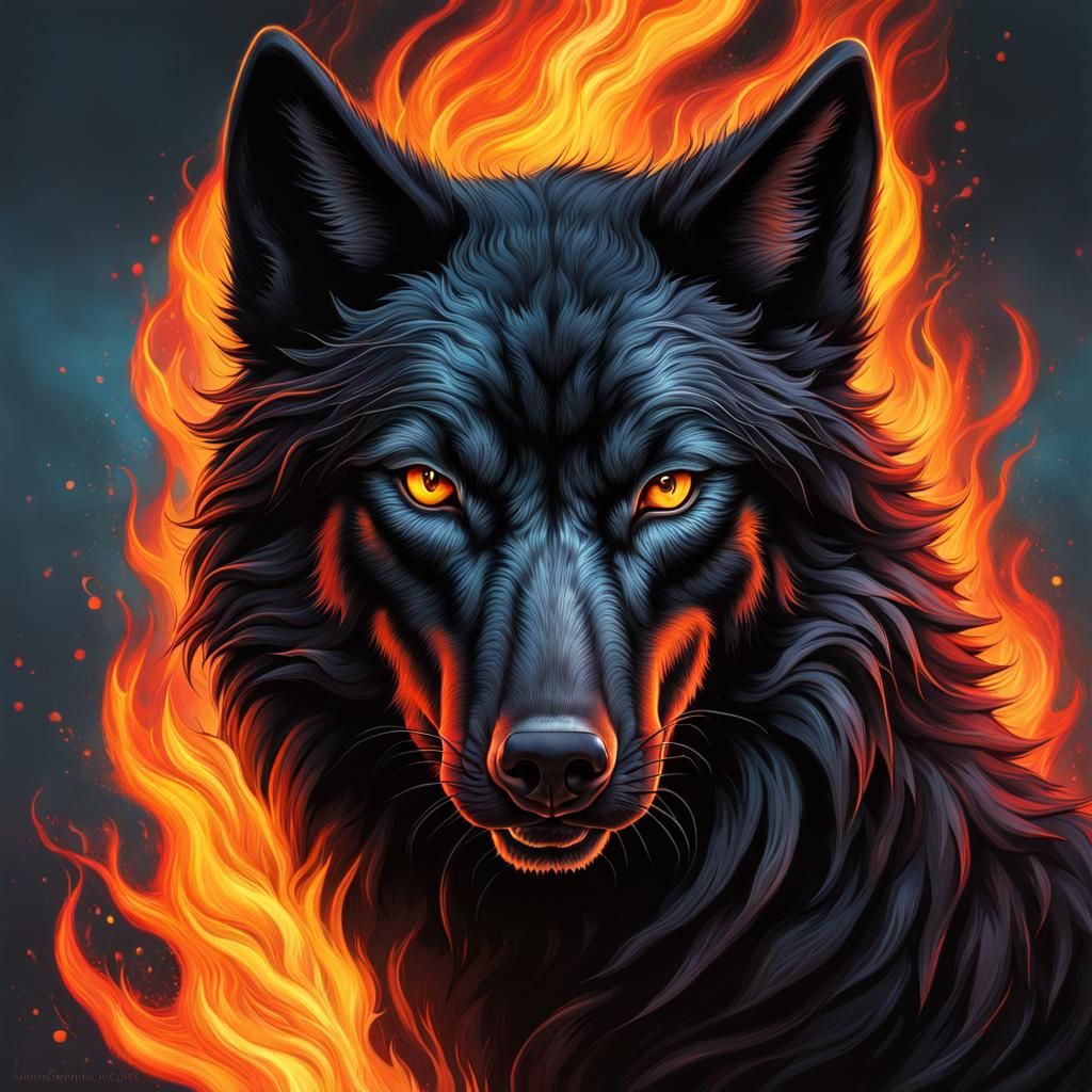 Fiery-Eyed Black Wolf in Splash Art Style