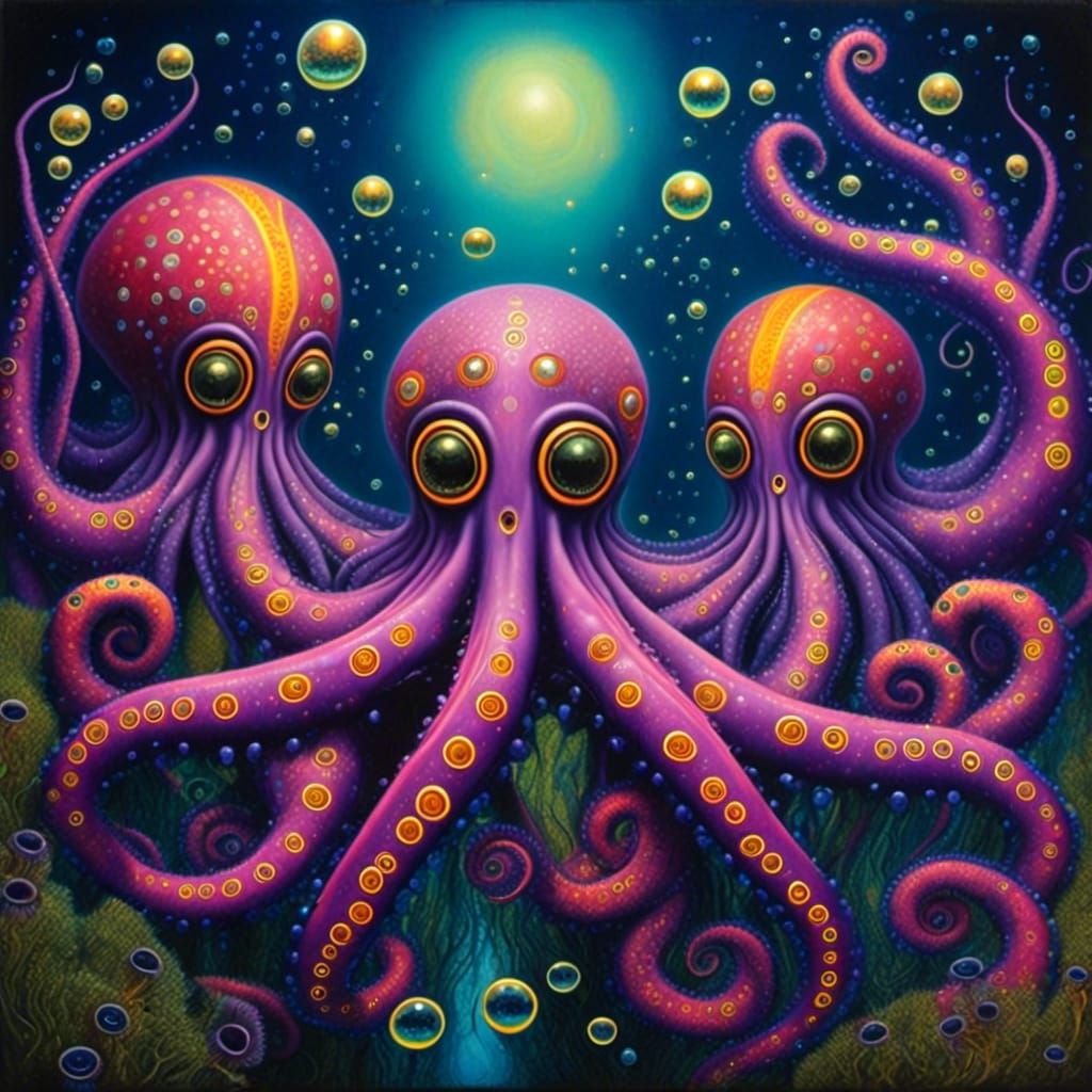 Neon Octopuses in Oil Painting Undersea