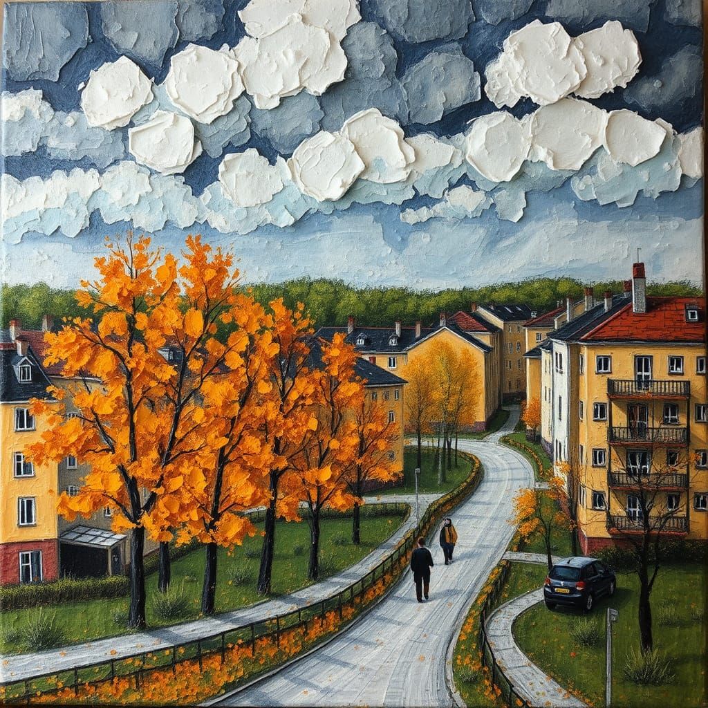 Scandinavian Autumn Landscape in Encaustic Impasto Style