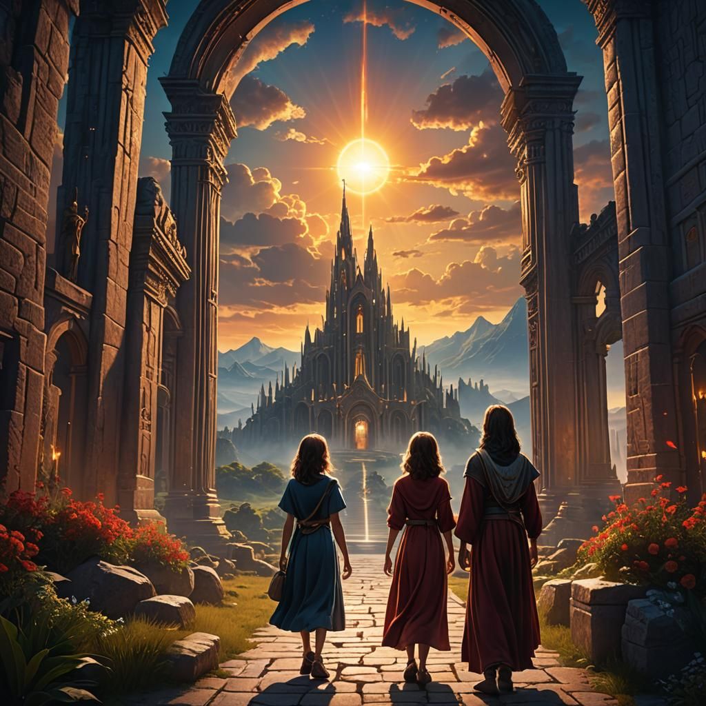 Family Gazing at Heavenly Gates: Fantasy Art