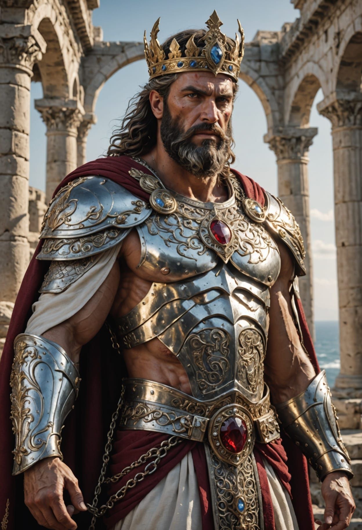 Muscular Greek King in Ancient Fantasy City