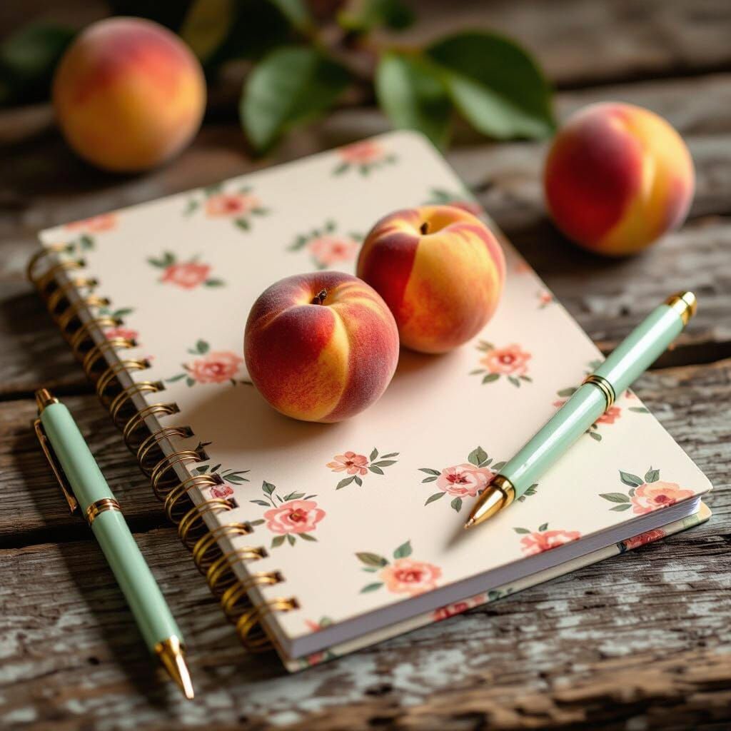 Peach Notebook Still Life, Photorealistic Style