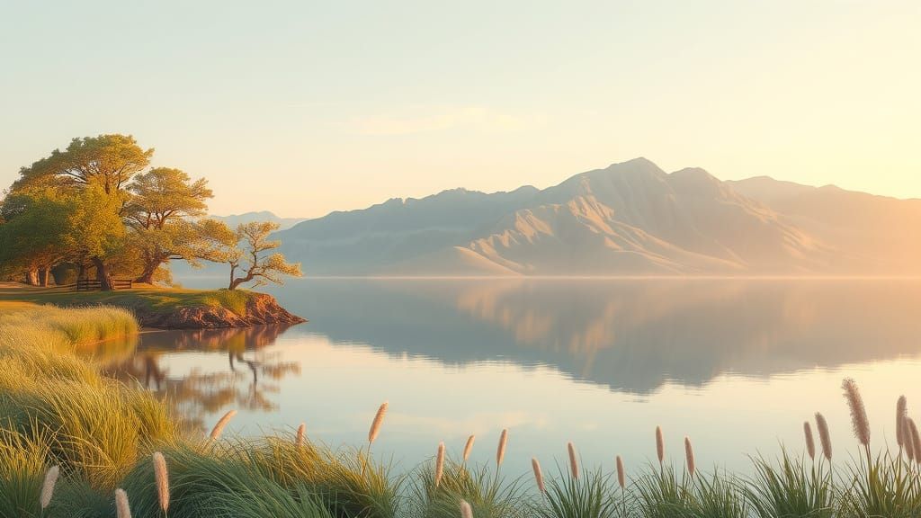 Surreal Lakeside Oasis with Pastel-Striped Sky and Trees