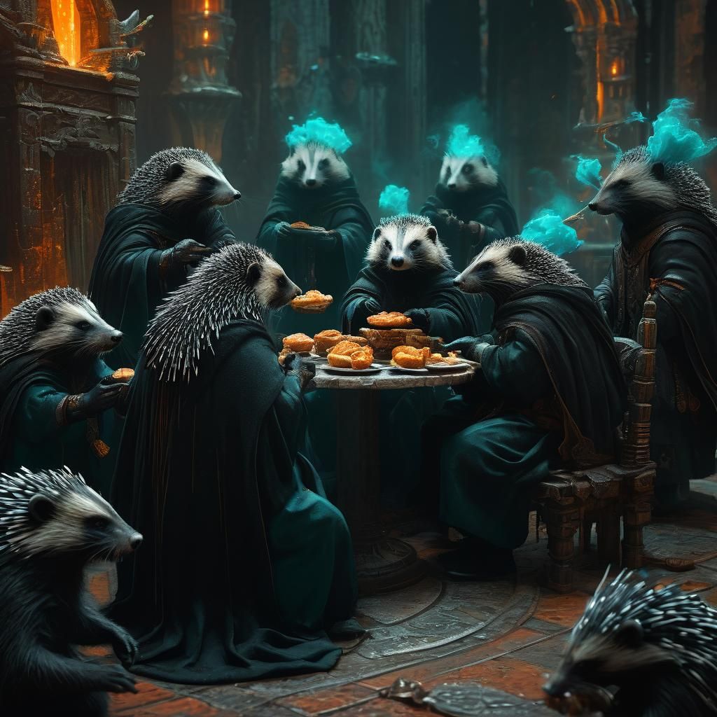 Porcupine Disciples Exchange Gifts in Dark Fantasy Art