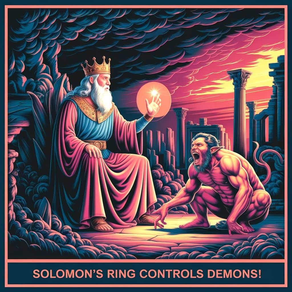 King Solomon Commands a Screaming Demon with Magical Ring