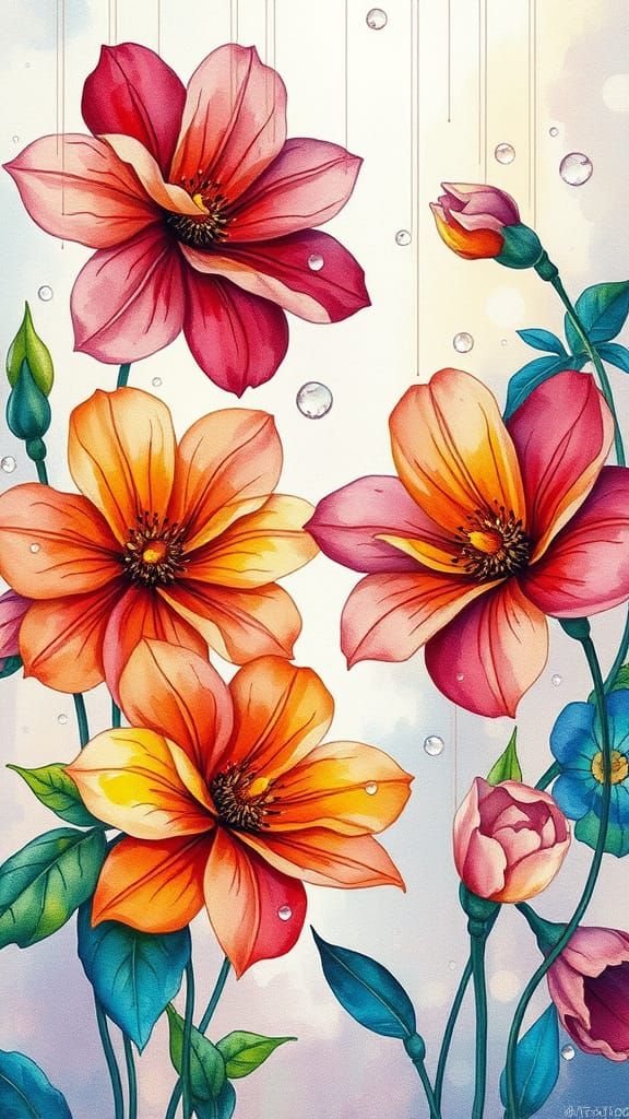 Stained-glass watercolor ink flowers in rain