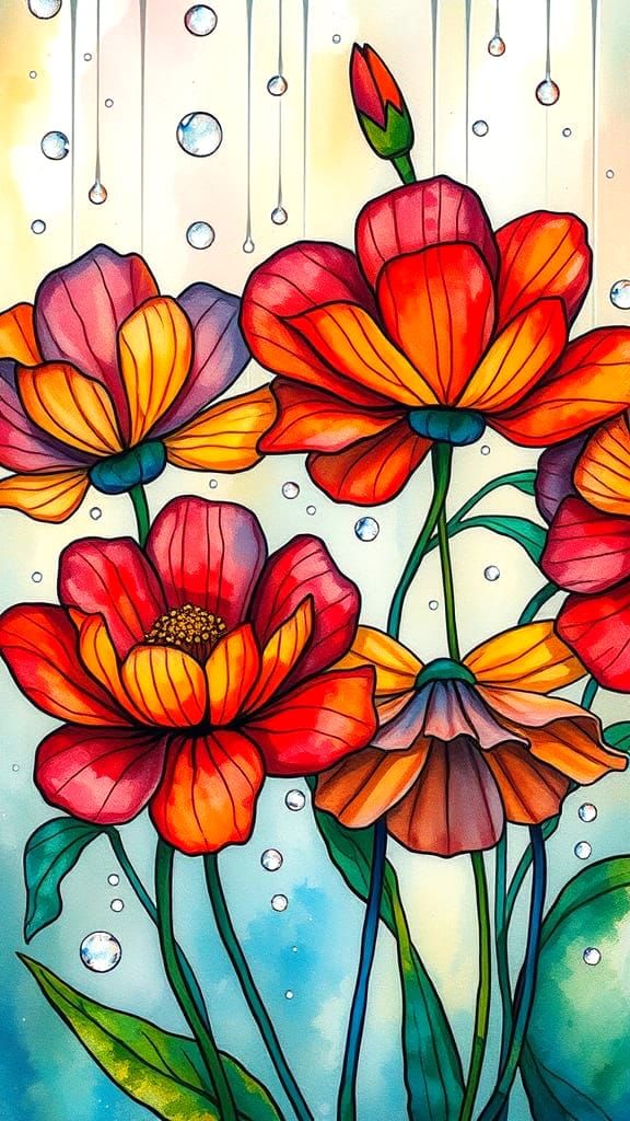 Stained-glass watercolor ink flowers in rain