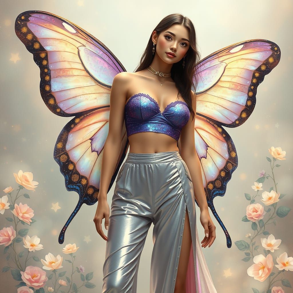 Ethereal Muse in Iridescent Fabrics and Celestial Accents