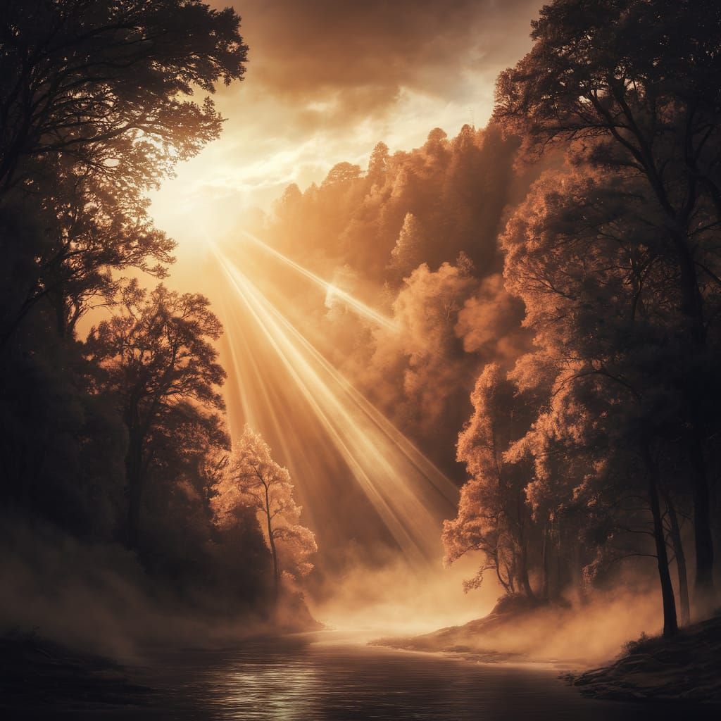 Sunset in a Misty Forest, 8k Concept Art