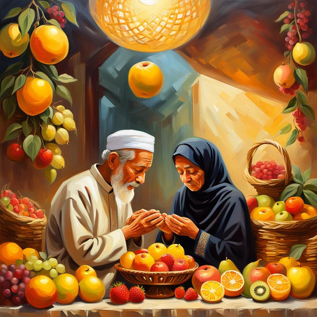 Impressionist Painting of Muslim Couple Praying