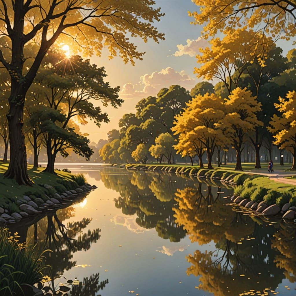 Quiet Riverside Park Scene with Golden Sky