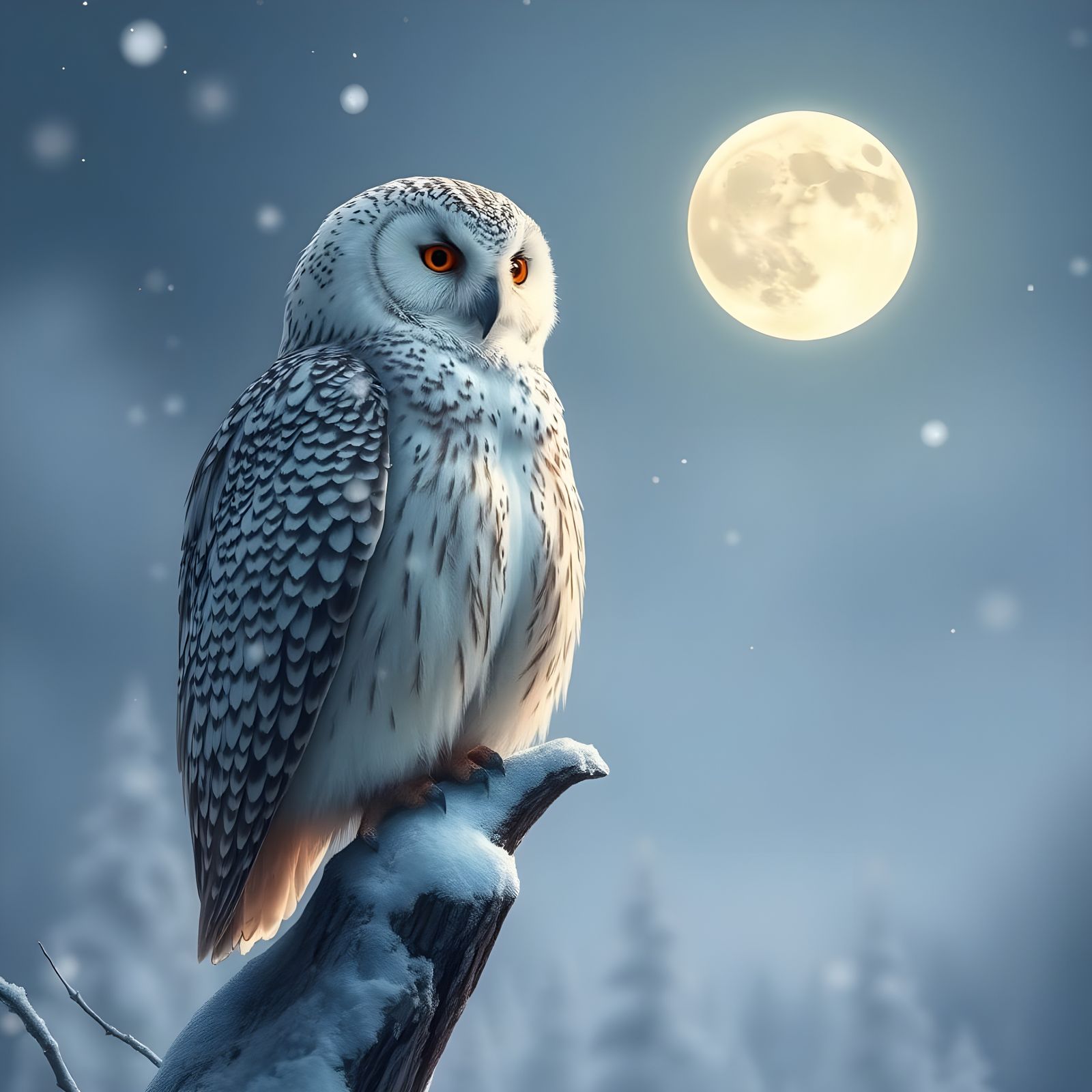Snowy Owl Perched Under Full Moon