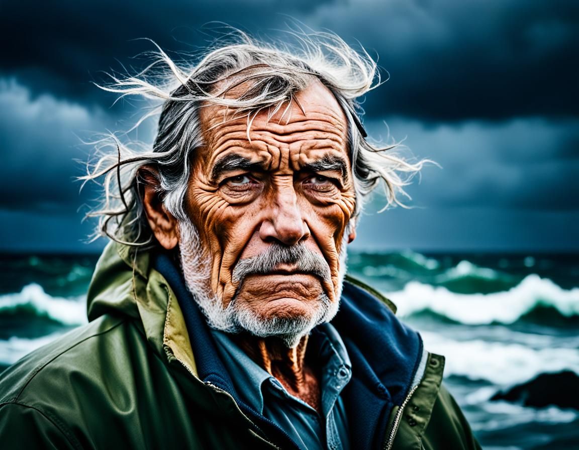 Weathered Fisherman Portrait on Stormy Sea