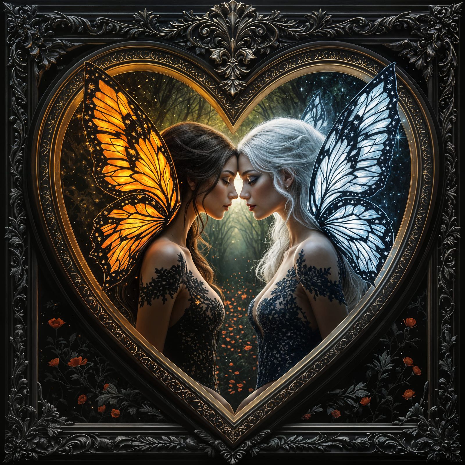 Symmetrical Winged Goddesses in Heart-Shaped Frame