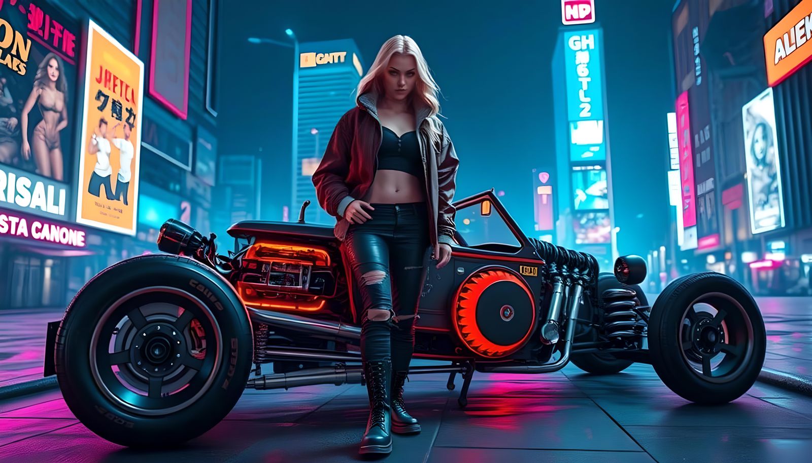 Cyberpunk Woman with Rat-Rod in Neon City