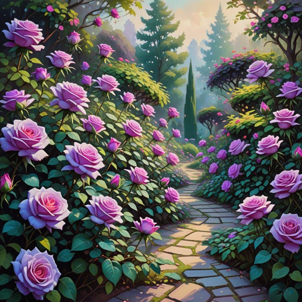 Vibrant Impressionist Garden Scene with Neon Purple Roses