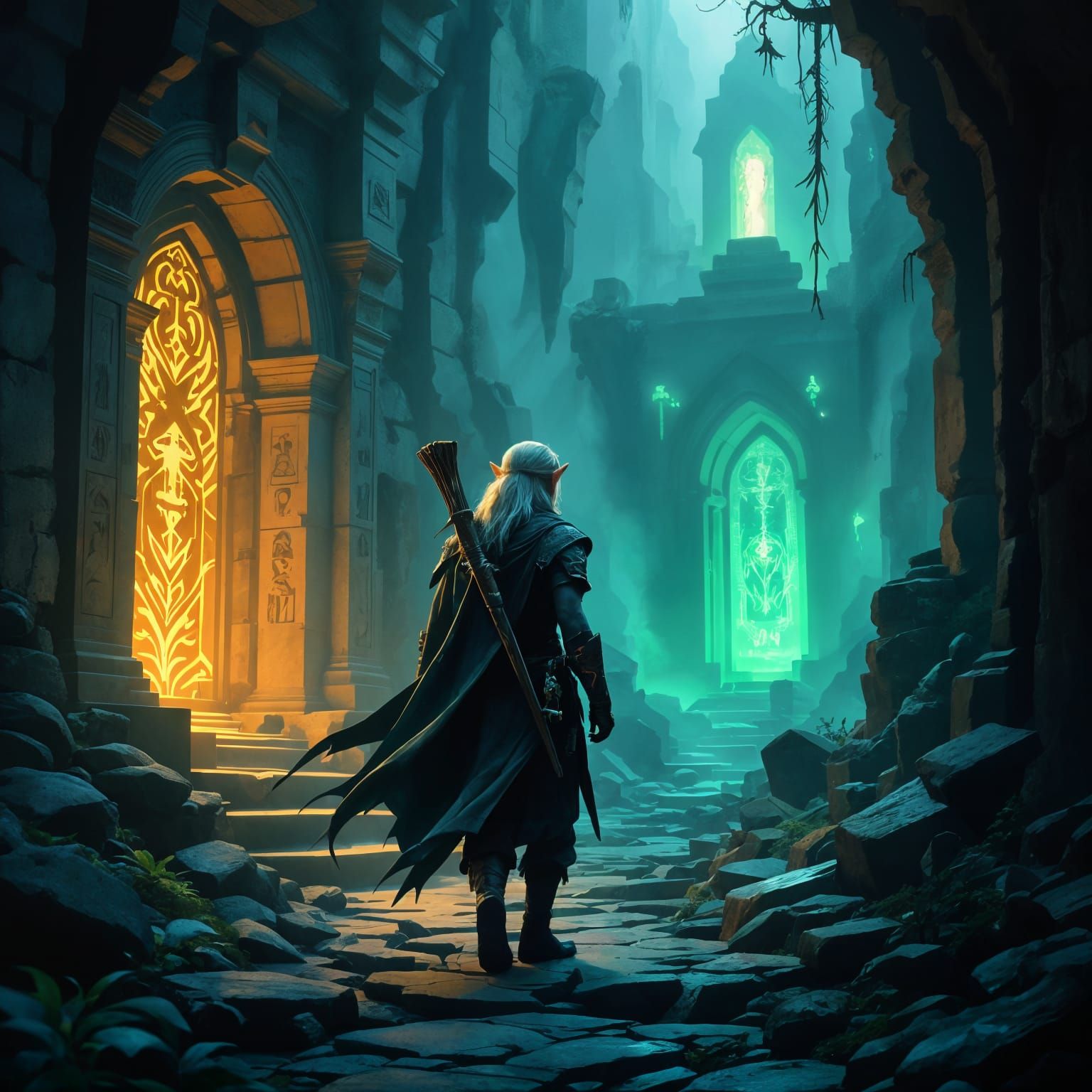 Young Elf Hero in Ancient Ruins