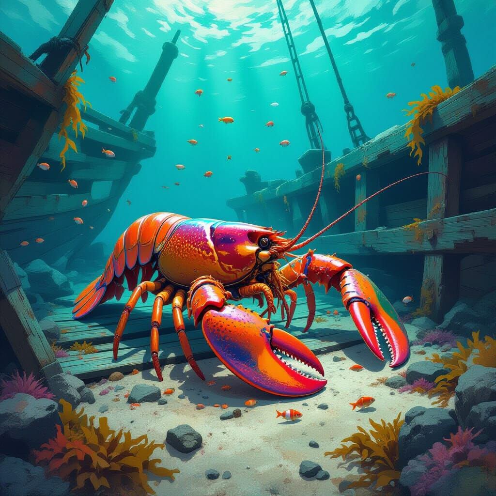Iridescent Lobster Explores Ancient Shipwreck, Digital Art