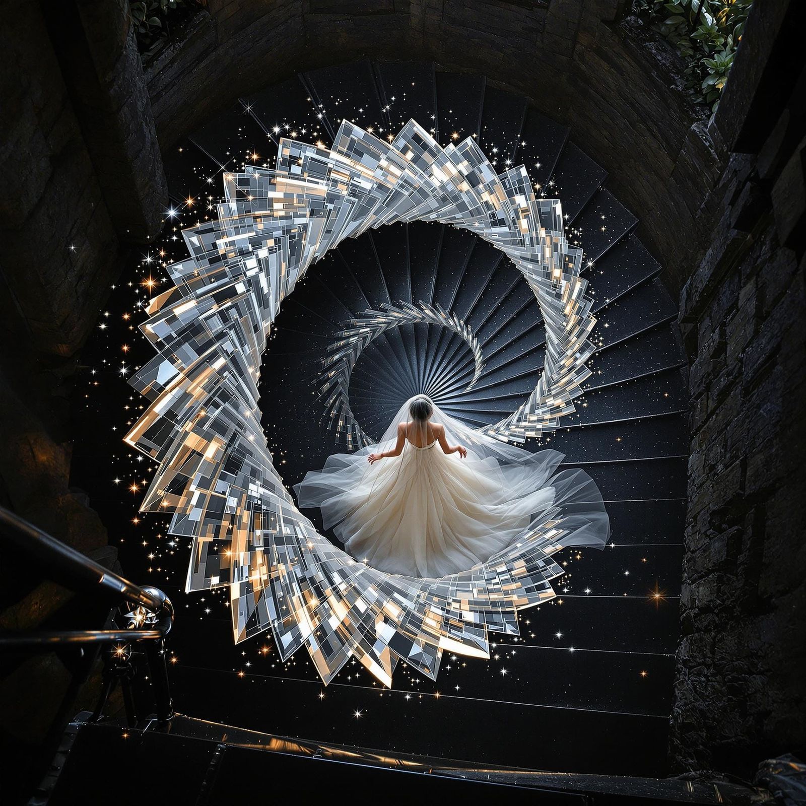 Ethereal Bride Descends Stairs with Crystal Trail