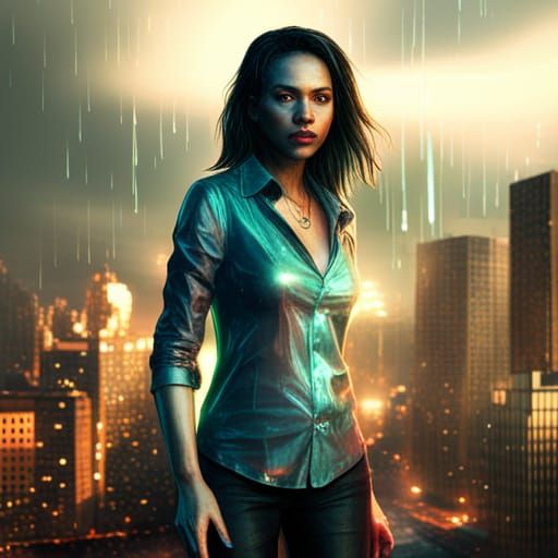 Woman in Cyberpunk Cityscape in the Rain