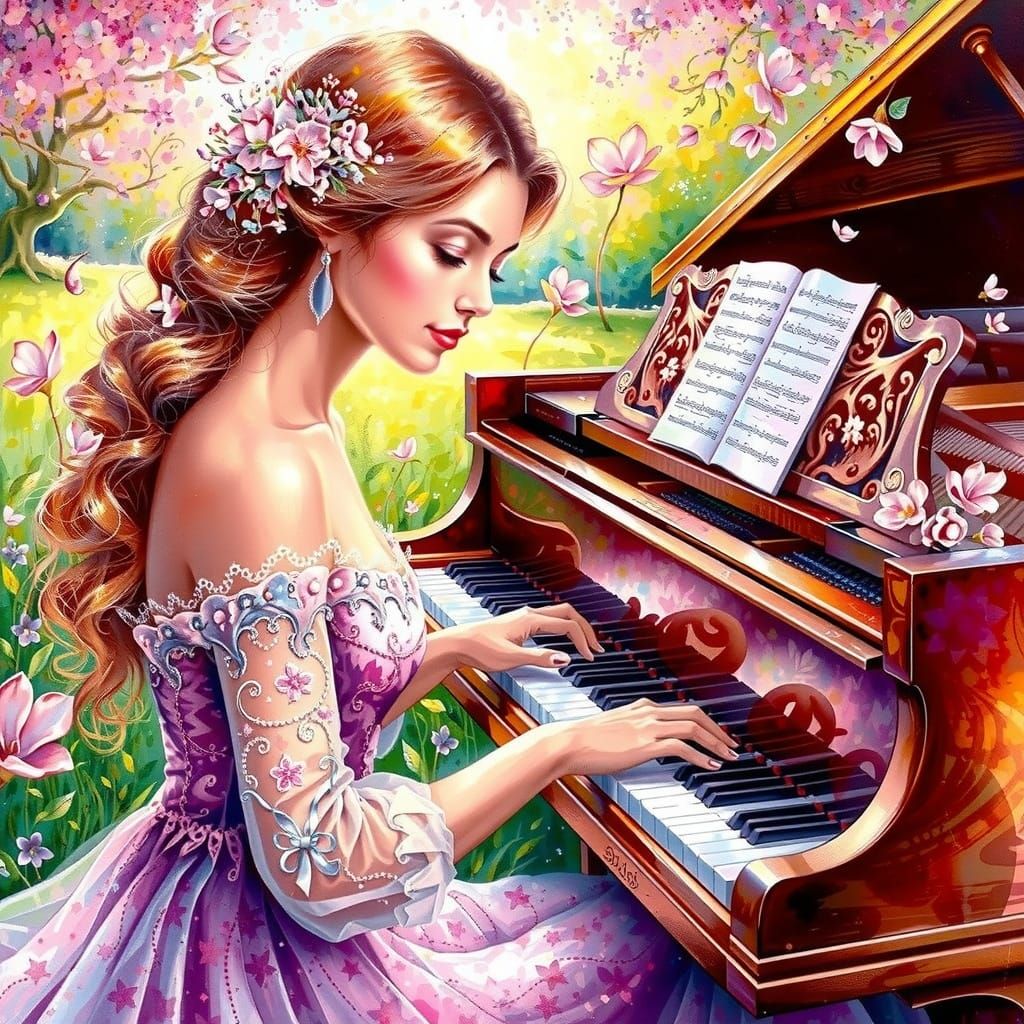 Woman Playing Piano in Surreal Abstract Style