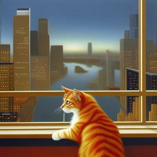 Orange Tabby Cat Overlooking Sunset Cityscape