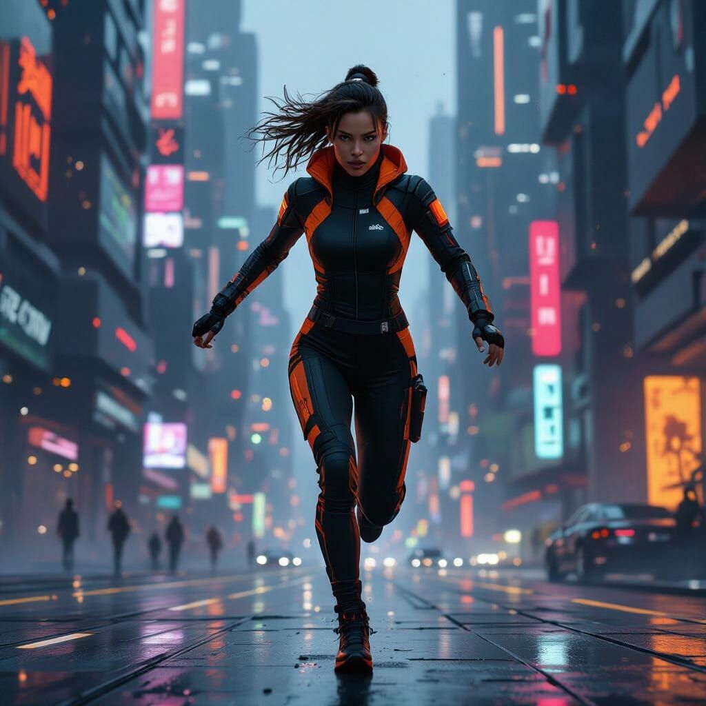 Futuristic Cityscape Runner in Cyberpunk Dystopia