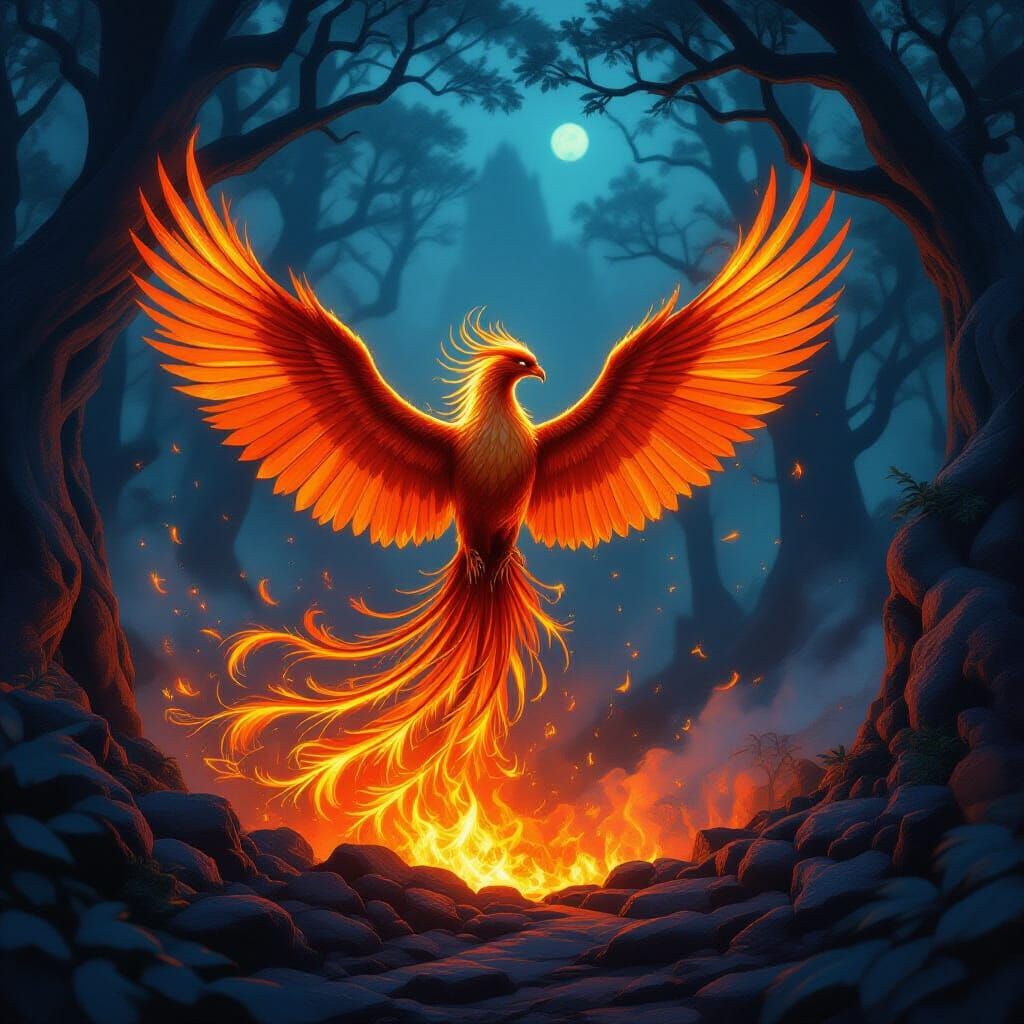 Phoenix Rising from Embers in Mystical Forest