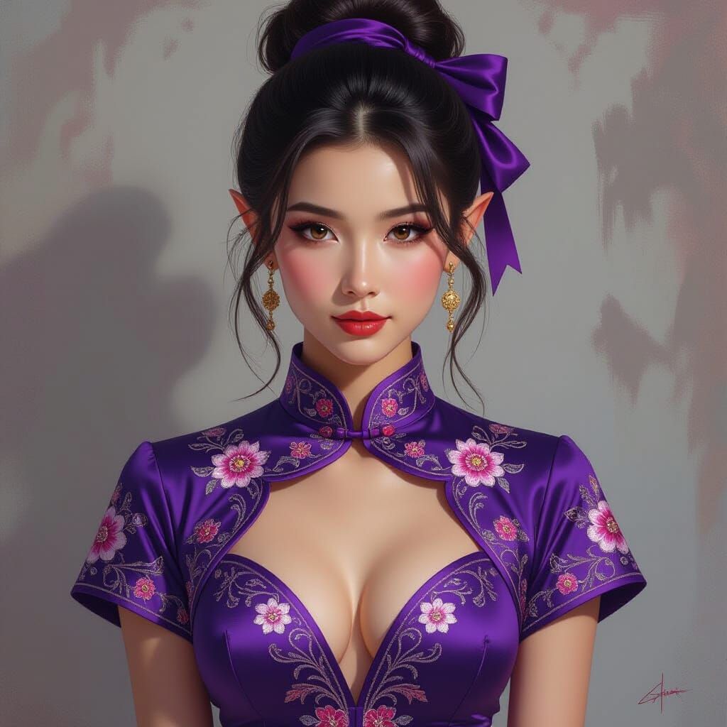Oriental Elf in Purple Cheongsam as Oil Painting