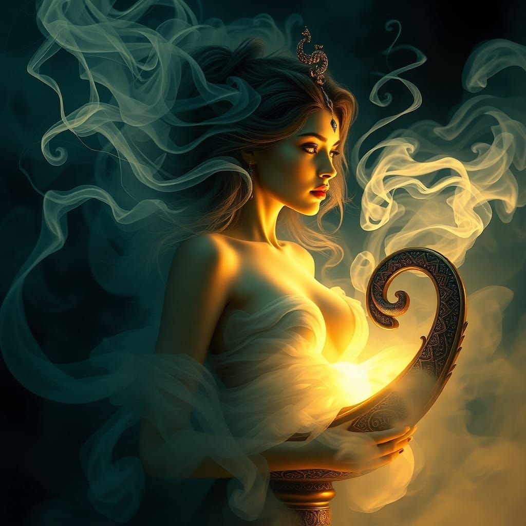 Ethereal Genie Emanates from Ancient Lamp in Dark Surrealism...