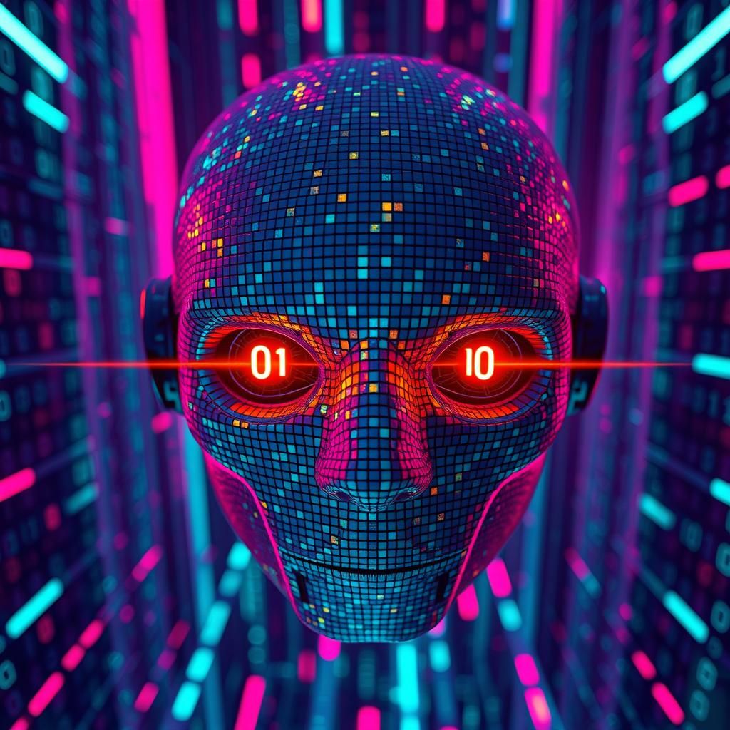 Pixelated Head in Cyberspace with Binary Code