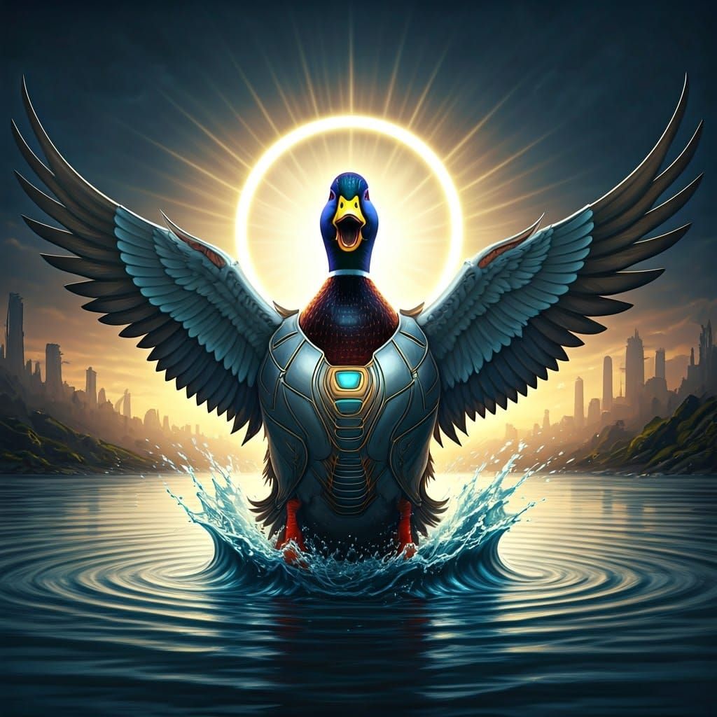Armored Mallard Rises from Stormy Lake in Sci-Fi Cityscape