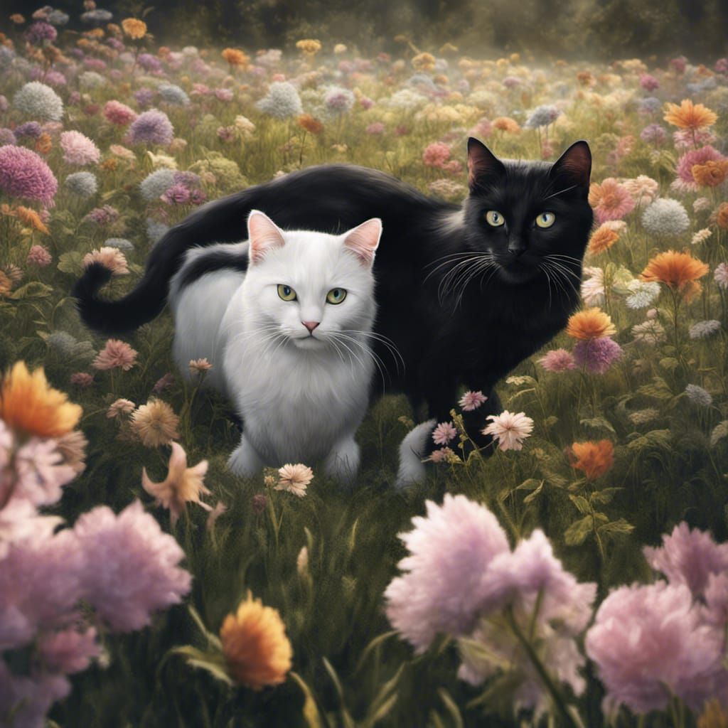 Black and White Cats Playing in Hyperrealistic Meadow