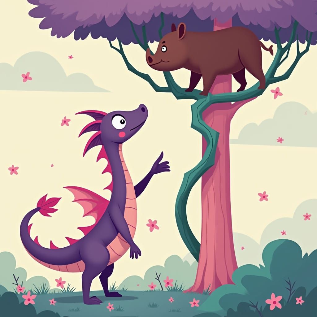 Whimsical Fantasy Scene with Purple Dragon and Boar