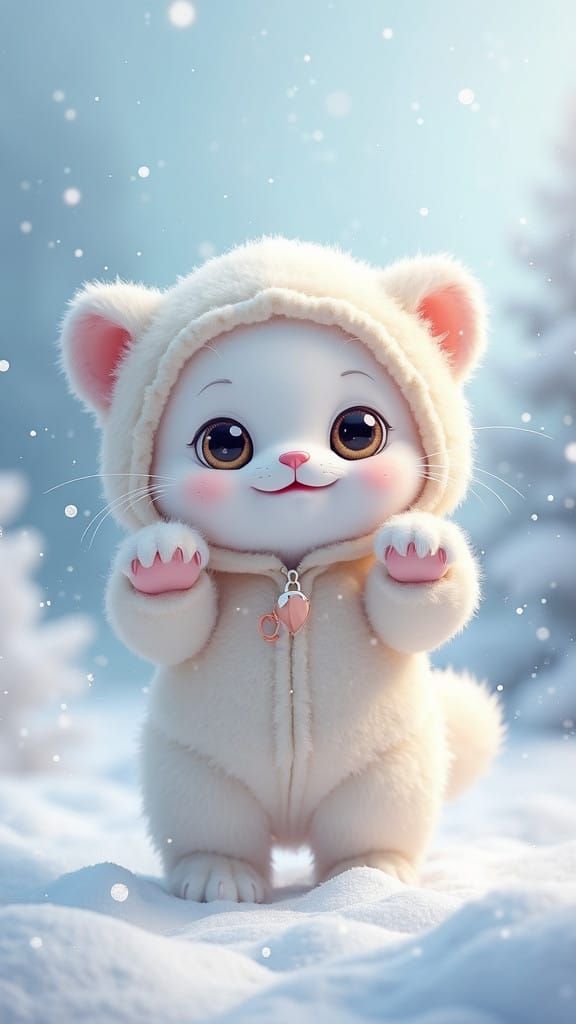 Whimsical Winter Wonderland Cat in Fluffy Jumpsuit
