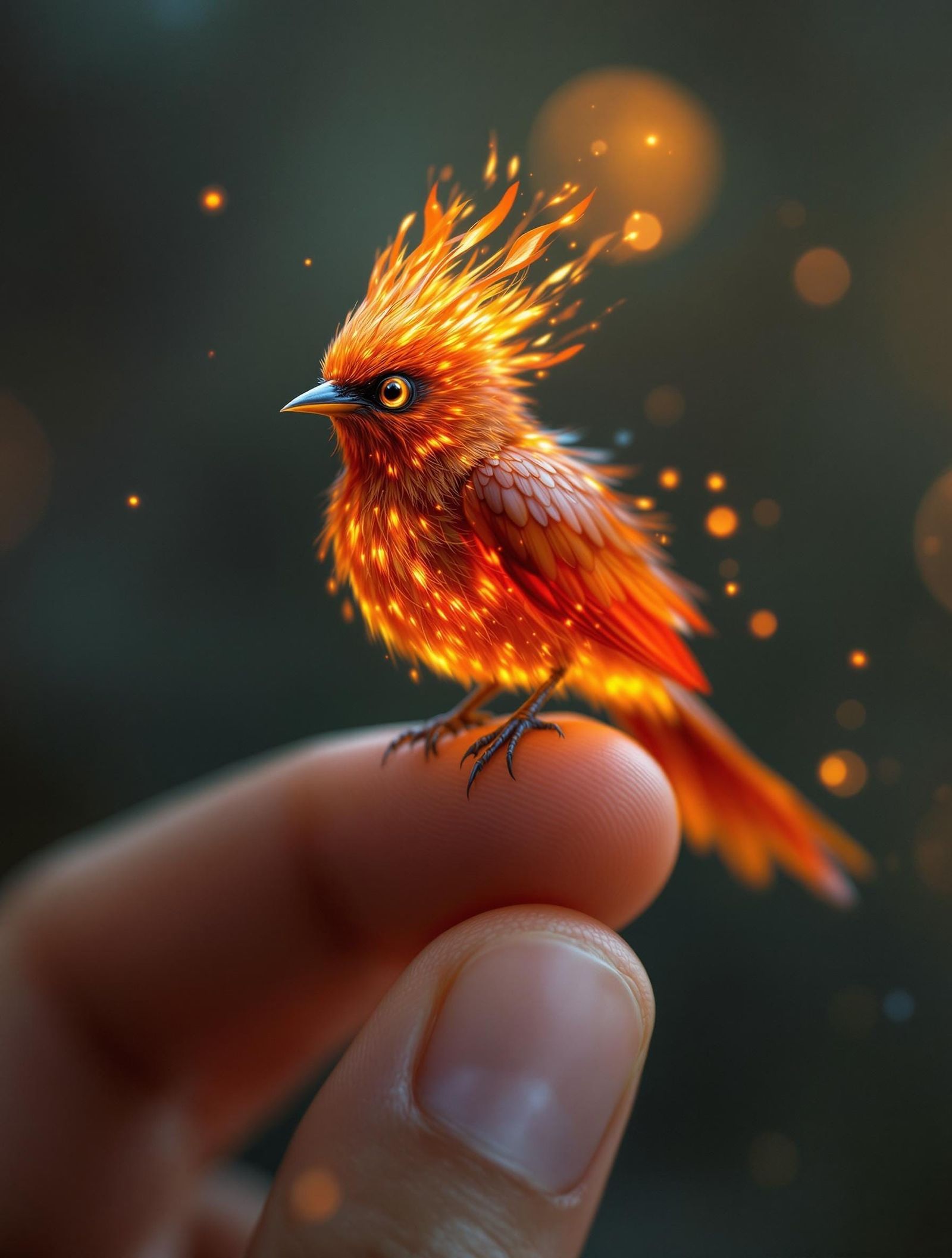 Glowing Firebird Perched on Finger, Digital Art