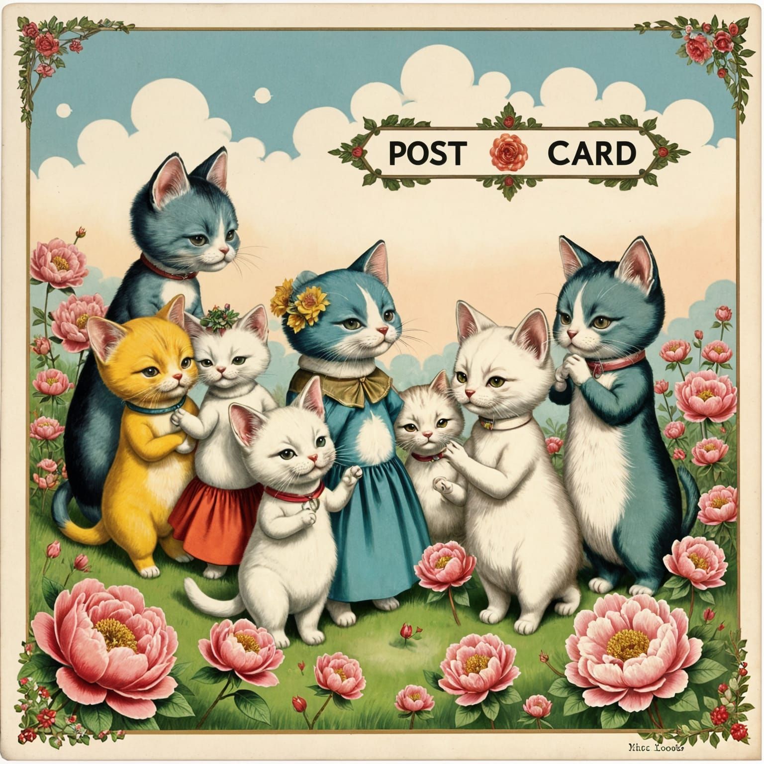 Charming Chibi Cats in Vintage Japanese Garden