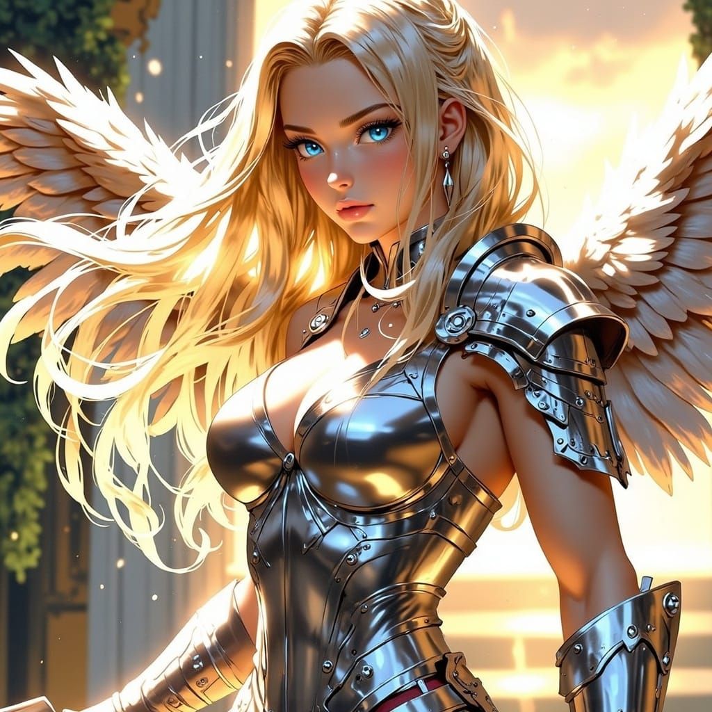 Anime Heroine with Silver Armor and Glowing Sword