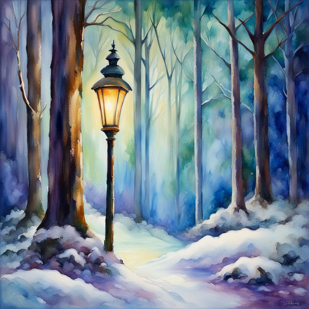 Enchanted Winter Forest Lamppost in Watercolor