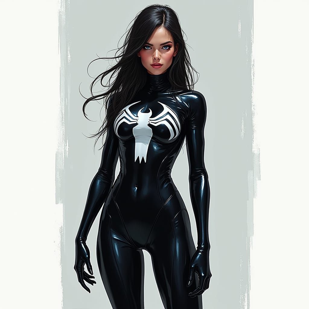 Elegant Venom Symbiote Superheroine in Dark Comic Book Style