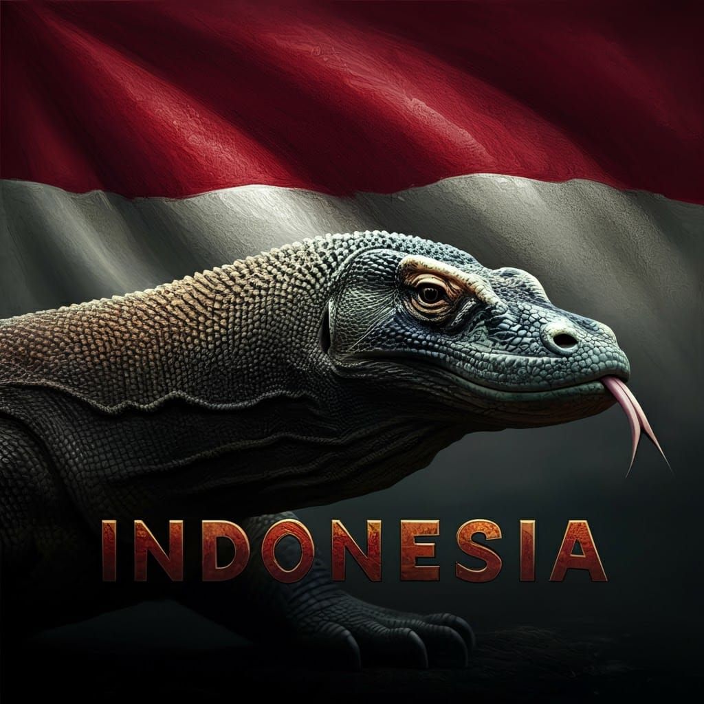Komodo Dragon with Indonesian Flag, Matte Painting