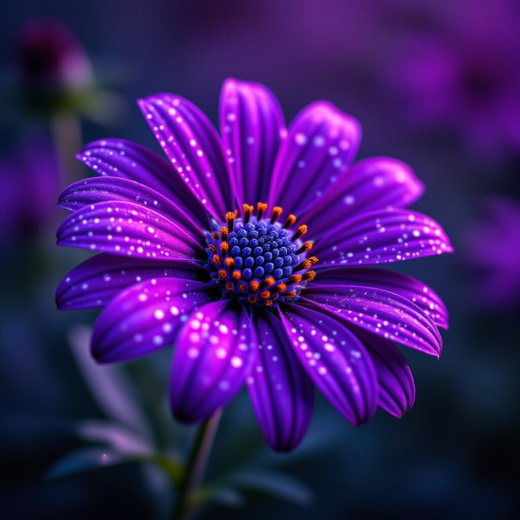 Purple Wildflower in Morning Dew: Realistic Macro Photo