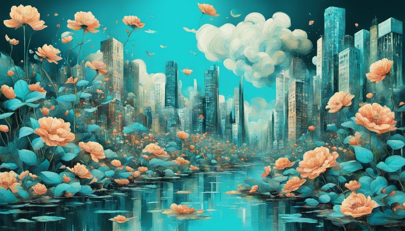 Surreal Floral Cityscape in Brilliant Cyan and Khaki